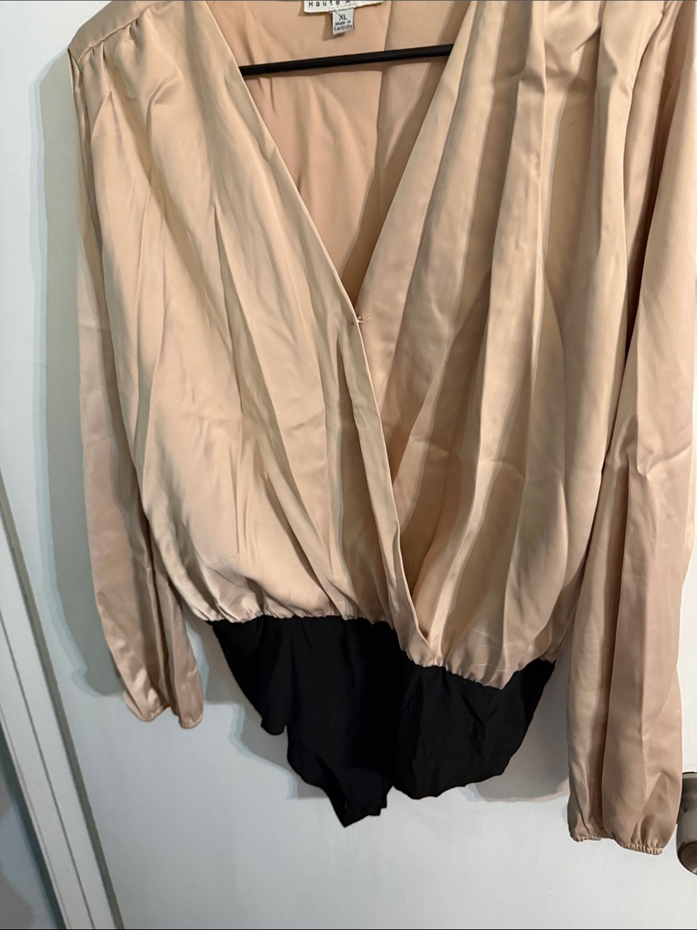 Haute Hippie Cream and Black Satin Wrap Bodysuit Blouse